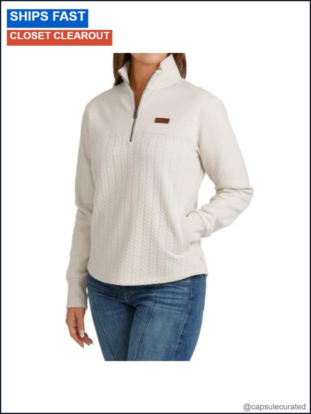 Cinch Women's 1/4 Zip Pullover Sweater Cream Western